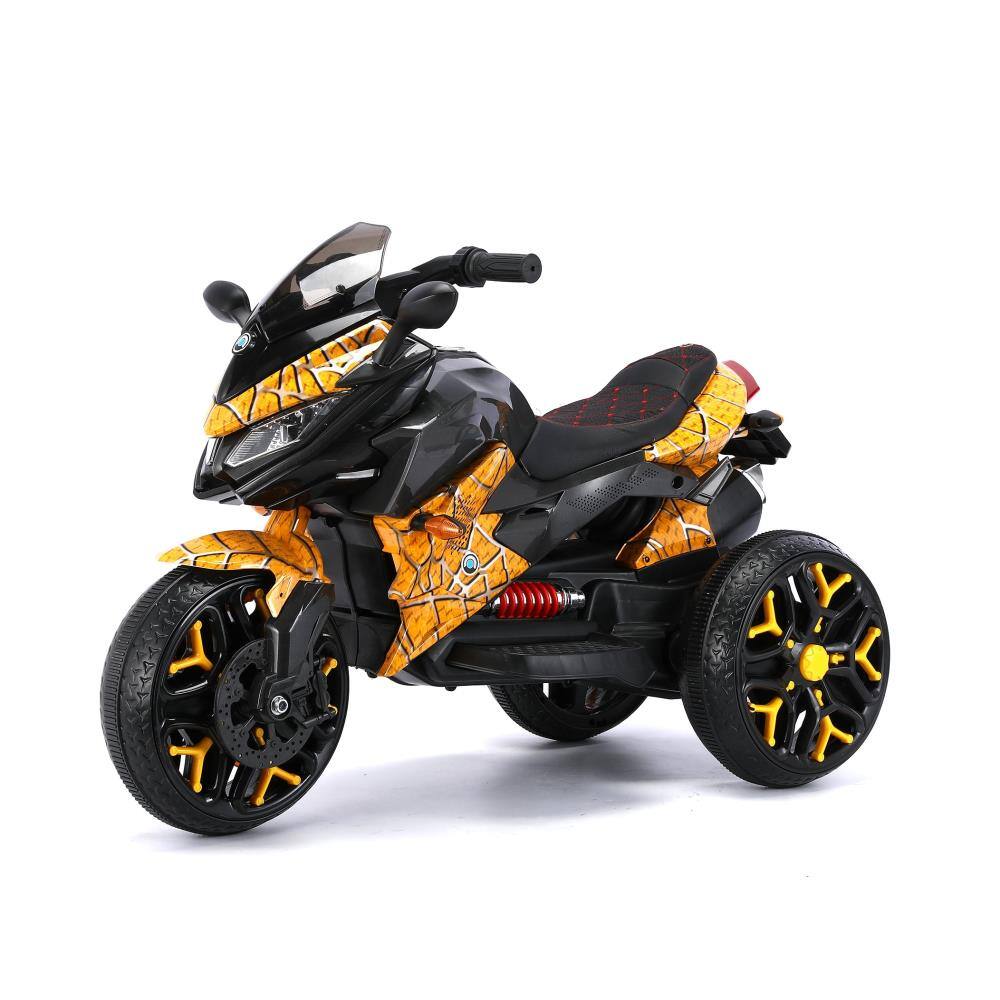 Front. BreeBe - 12V Kids Ride On Motorcycle, 3-Wheel Battery Powered Motorbike with PU Seat, Training Wheels, Manual Throttle & Lights - Yellow.