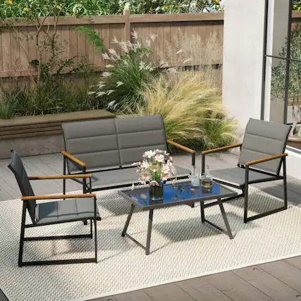 Front. Mondawe - 4-Piece Freestanding Outdoor Conversation Set with Loveseat, 2 Chairs and Table - Gray.