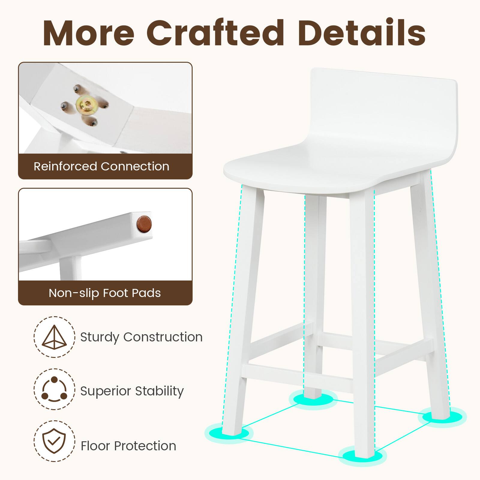 More Crafted Details:
- Reinforced Connection
- Non-slip Foot Pads
- Sturdy Construction
- Superior Stability
- Floor Protection