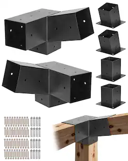 VEVOR - Pergola Kit, 4x4 Inch 3-Way Angled Brackets for 3.5x3.5 Inch Wooden Beams, 2-Pack with Post Bases and Wall Mounts - Black