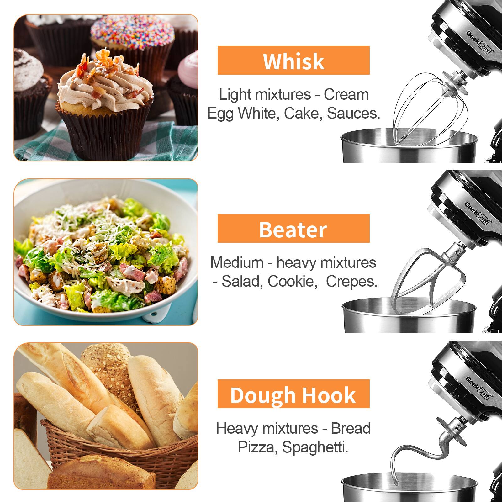 Whisk  
Light mixtures - Cream, Egg White, Cake, Sauces.

Beater  
Medium - heavy mixtures - Salad, Cookie, Crepes.

Dough Hook  
Heavy mixtures - Bread, Pizza, Spaghetti.