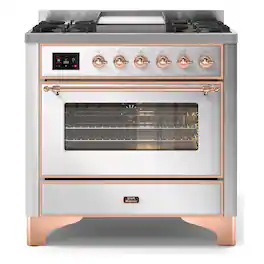 ILVE - Majestic II Series 36 in. Dual Fuel Range with 6 Sealed Burners + Griddle (Natural Gas, Copper Trim) - Stainless Steel