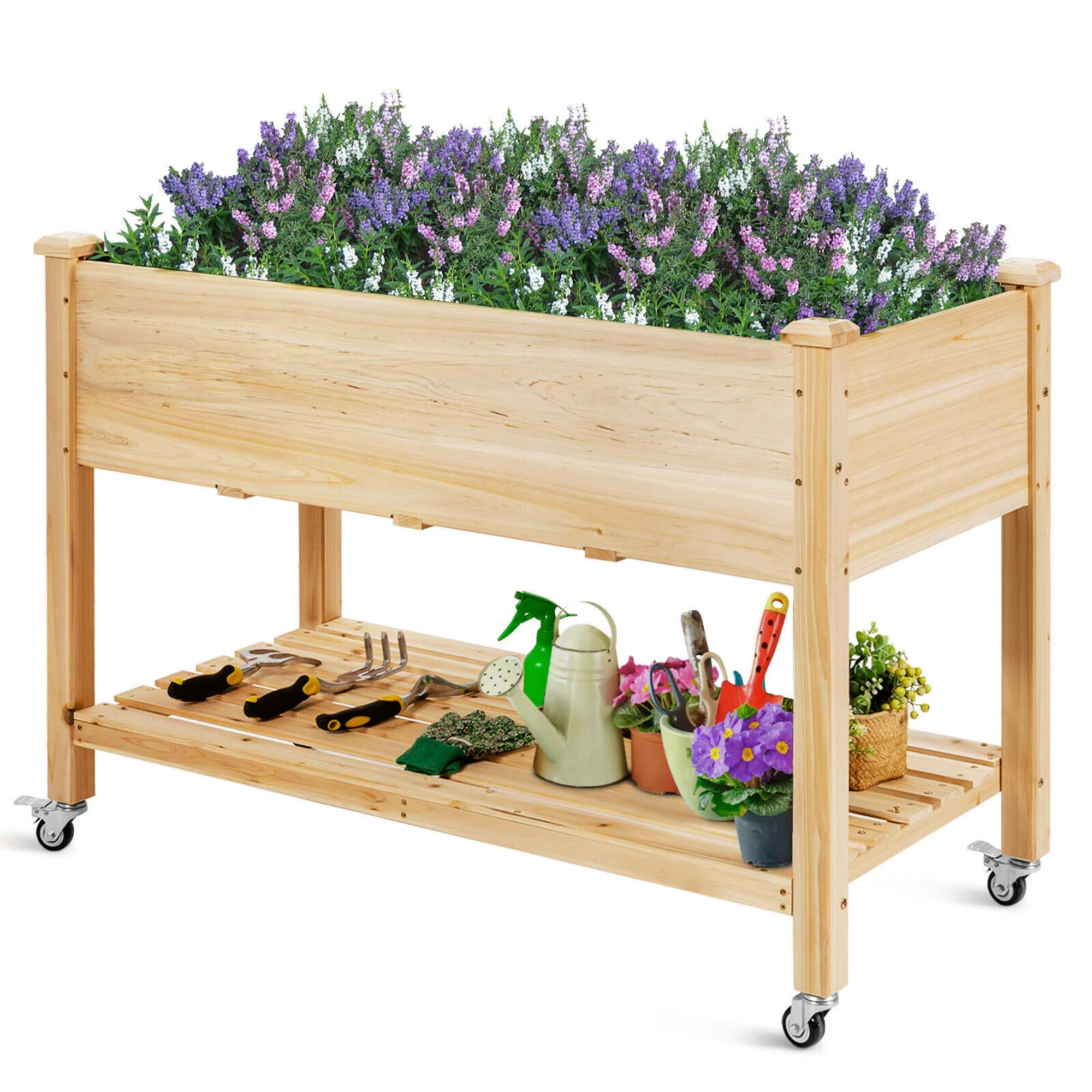 Gymax - Raised Garden Bed Wood Elevated Planter Bed w/Lockable Wheels Shelf & Liner - Natural price history on PriceWatchPro