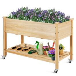 Gymax - Raised Garden Bed Wood Elevated Planter Bed w/Lockable Wheels Shelf & Liner - Natural