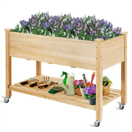 Front. Gymax - Gymax Raised Garden Bed Wood Elevated Planter Bed w/Lockable Wheels Shelf & Liner - Natural.