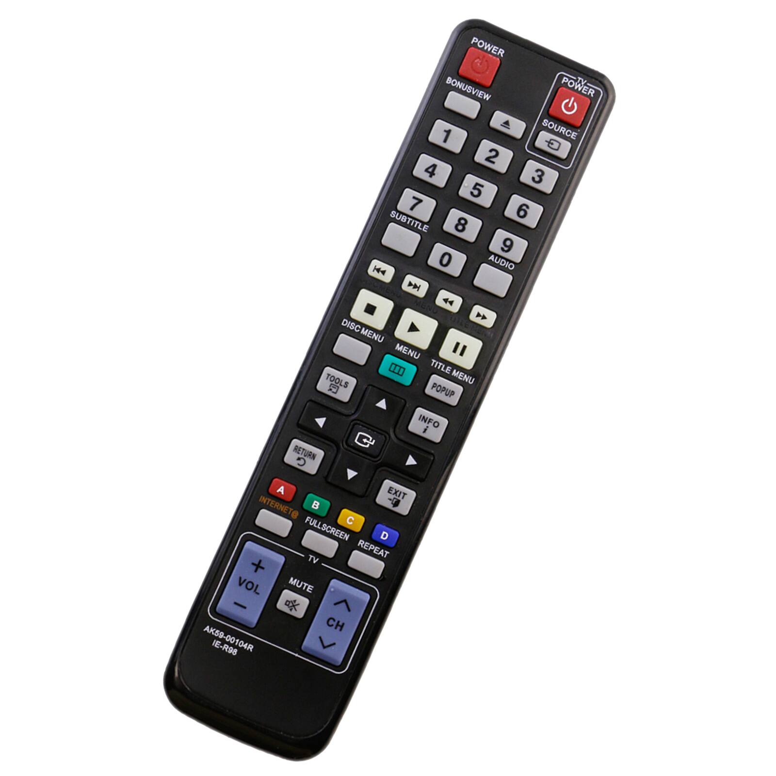POWER BONUSVIEW POWER SOURCE 1 2 4 3 5 7 6 SUBTITLE 8 9 0 AUDIO 144 4 44 DISC MENU MENU " 0] TITLE TOOLS MENU 23 POPUP INFO i RETURN A EXIT INTERNETO d C FULLSCREEN D TV REPEAT VOL MUTE AK59-00104R IE-R98