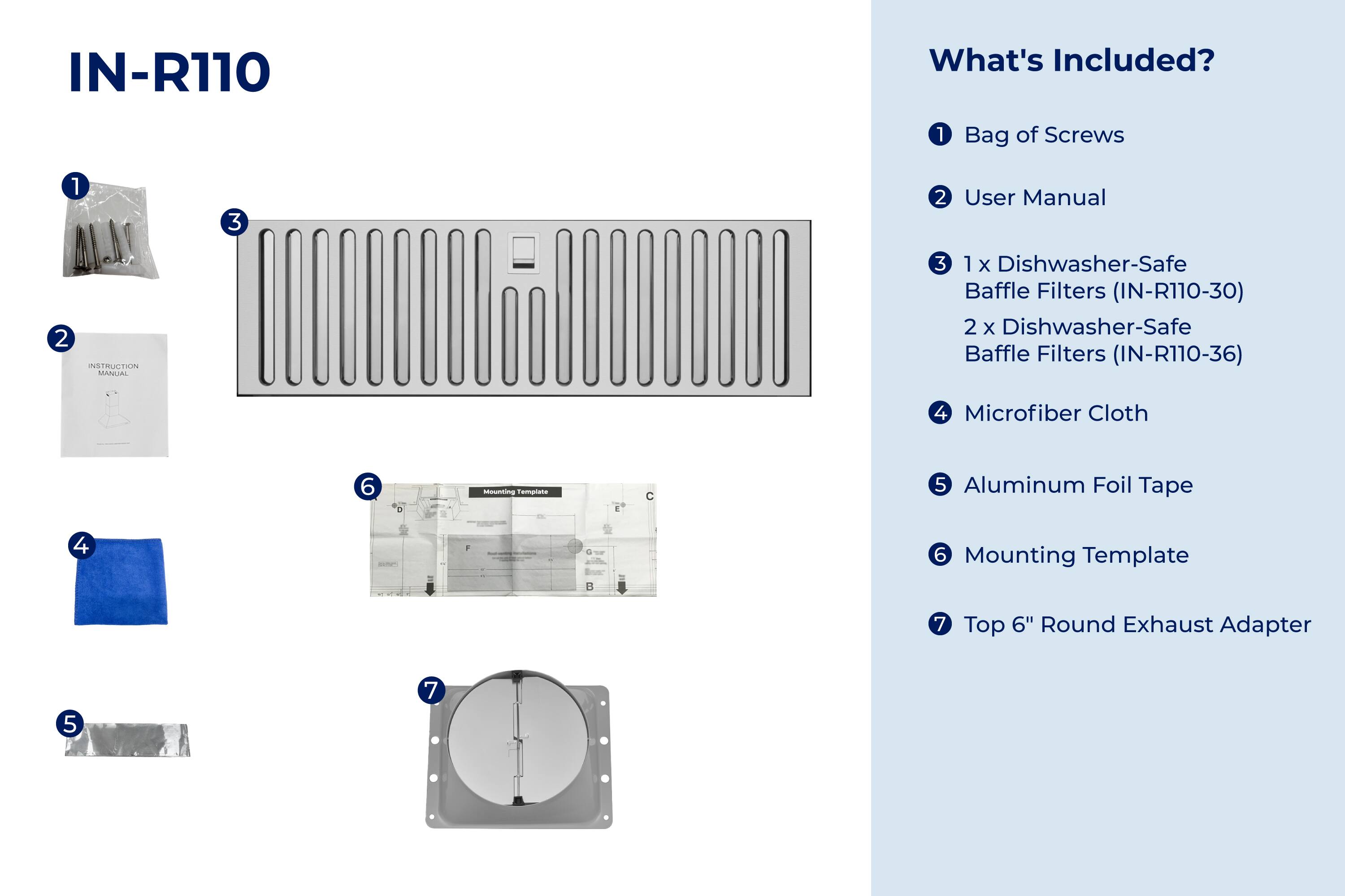 IN-R110

What's Included?

1. Bag of Screws
2. User Manual
3. 1 x Dishwasher-Safe Baffle Filters (IN-R110-30)
   2 x Dishwasher-Safe Baffle Filters (IN-R110-36)
4. Microfiber Cloth
5. Aluminum Foil Tape
6. Mounting Template
7. Top 6" Round Exhaust Adapter