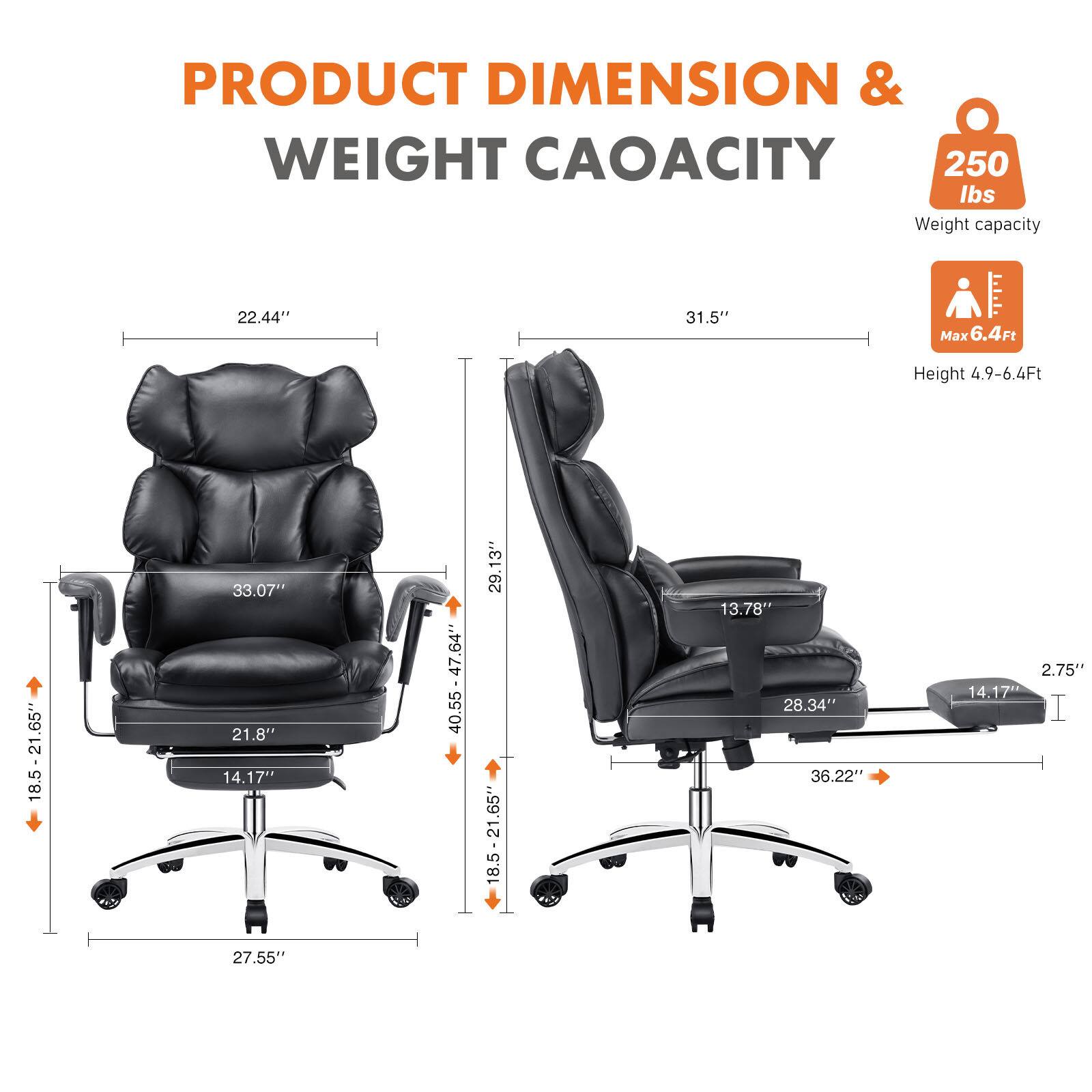**PRODUCT DIMENSION & WEIGHT CAPACITY**

- **Weight capacity:** 250 lbs
- **Height:** 4.9-6.4 Ft
- **Dimensions:**
  - **Left Side:**
    - Width: 22.44"
    - Depth: 31.5"
    - Height: 33.07"
    - Seat Height: 18.5 - 21.65"
    - Armrest Height: 21.8"
    - Base Width: 27.55"
    - Base Depth: 14.17"
    - Overall Height: 40.55 - 47.64"
    - Overall Depth: 29.13"
    - Overall Width: 65"
  - **Right Side:**
    - Width: 22.44"
    - Depth: 31.5"
    - Height: 33.07"
    - Seat Height: 18.5 - 21.65"
    - Armrest Height: 21.8"
    - Base Width: 27.55"
    - Base