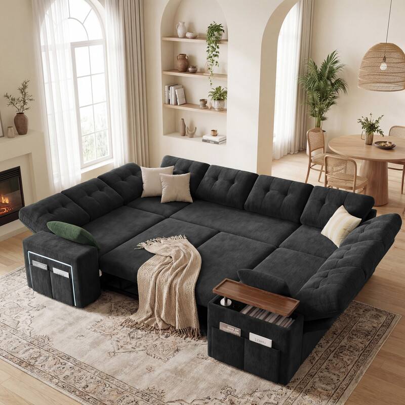Alt View 3. Dyonery - Dyonery 112" Modular Convertible Sectional Sleeper Sofa with Pull Out Bed,Linen Convertible Couch with Storage Seat - Black.