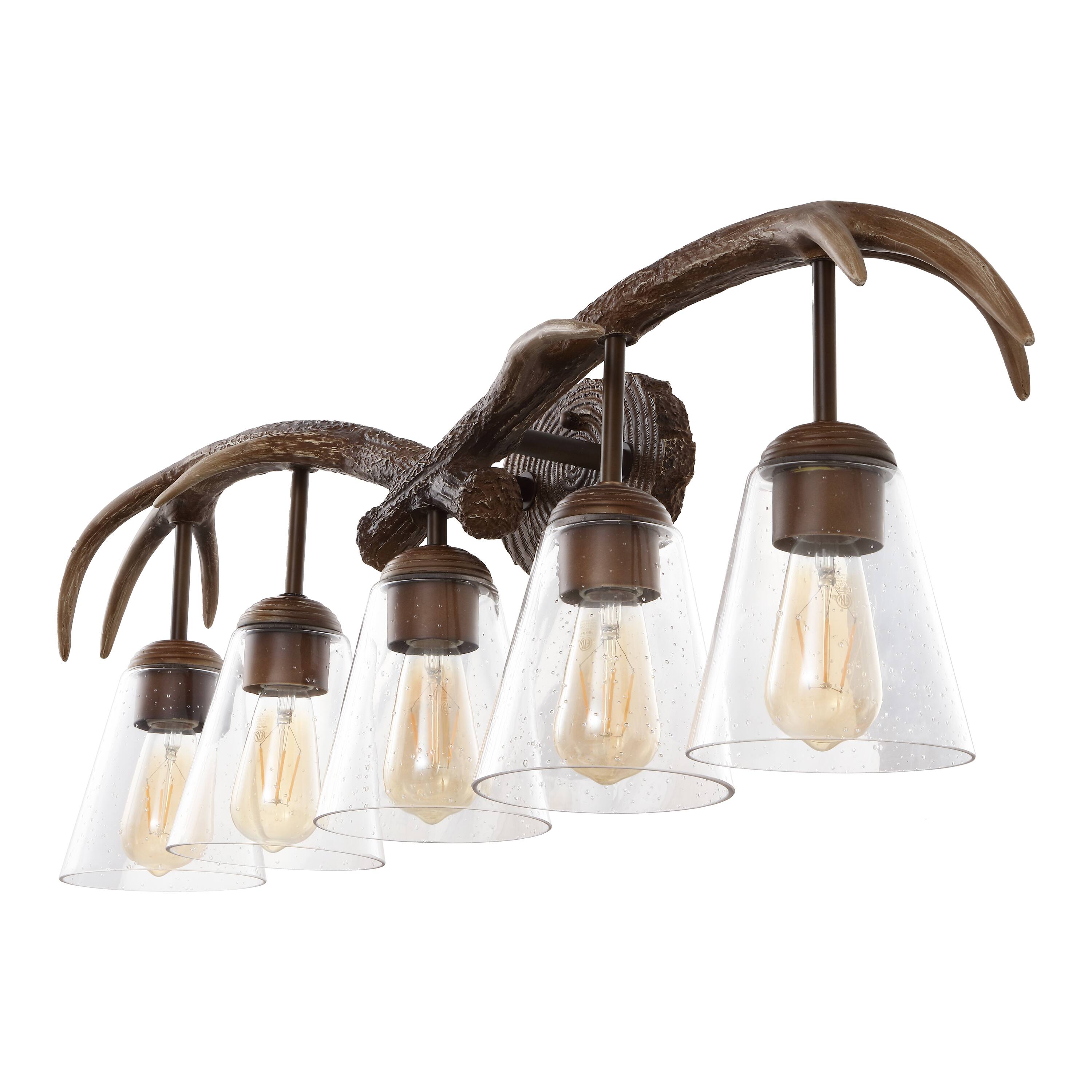 Alt View 6. Jonathan Y - Wyatt 37.75" 5-Light Southwestern Bohemian Resin/Seeded Glass Faux Antler LED Vanity Light, Brown Wood Finish - Brown Wood Finish.