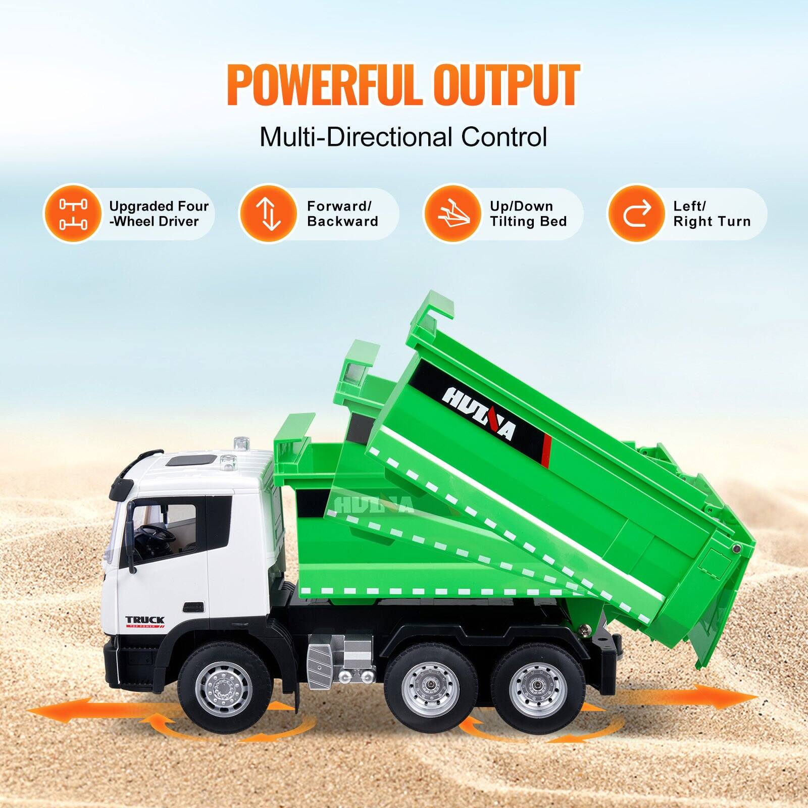 POWERFUL OUTPUT  
Multi-Directional Control  

- Upgraded Four-Wheel Driver  
- Forward/Backward  
- Up/Down Tilting Bed  
- Left/Right Turn
