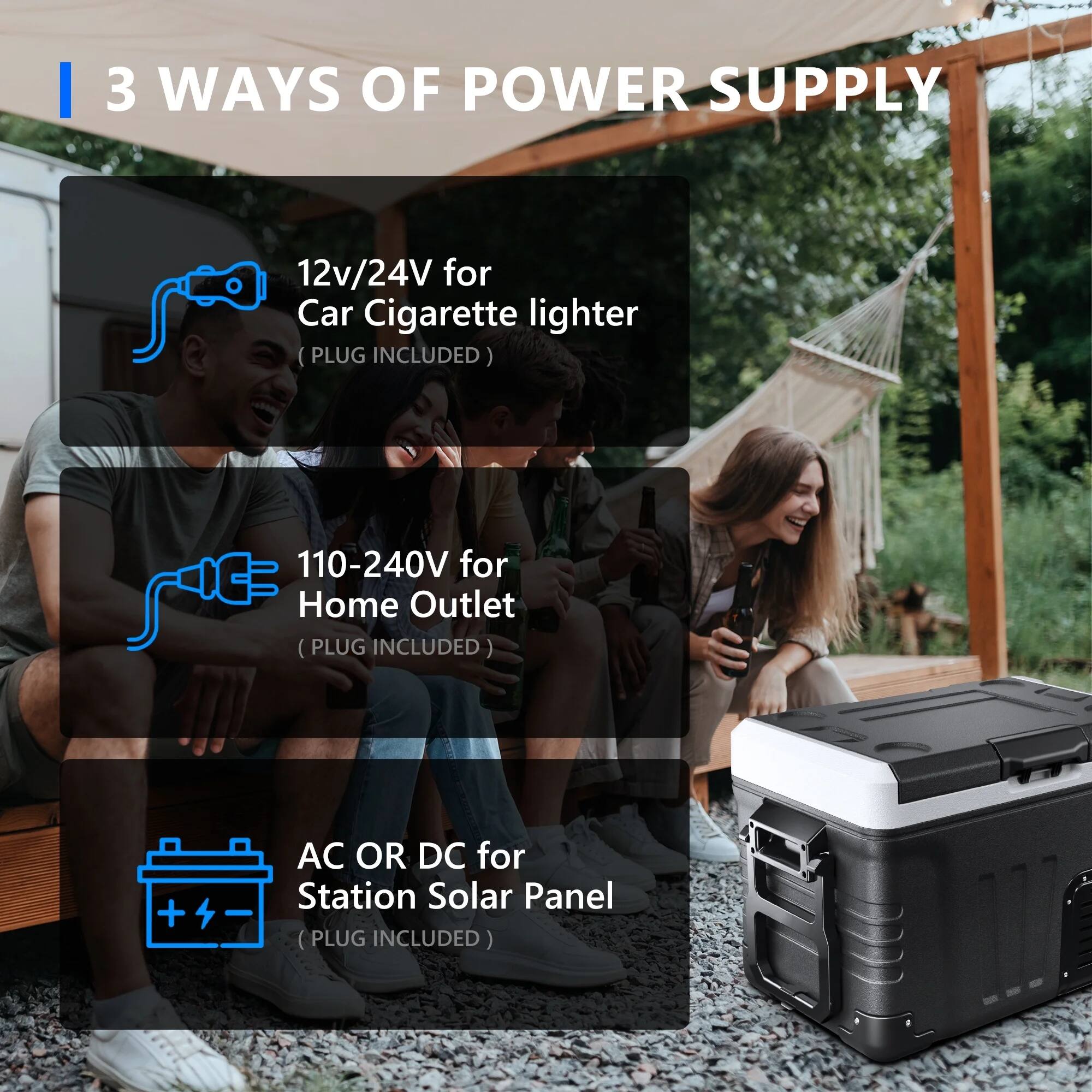 3 WAYS OF POWER SUPPLY

1. 12v/24V for Car Cigarette lighter (PLUG INCLUDED)
2. 110-240V for Home Outlet (PLUG INCLUDED)
3. AC OR DC for Station Solar Panel (PLUG INCLUDED)