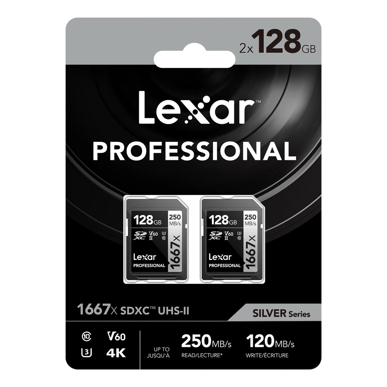 2x 128GB Lexar PROFESSIONAL 128GB 250 MB/s V60 UHS-II PROFESSIONAL Lexar 1667x 128GB SDXC UHS-II SILVER Series C10 4K 250 MB/s 120MB/s UP TO READ/LECTURE* WRITE/ECRITURE