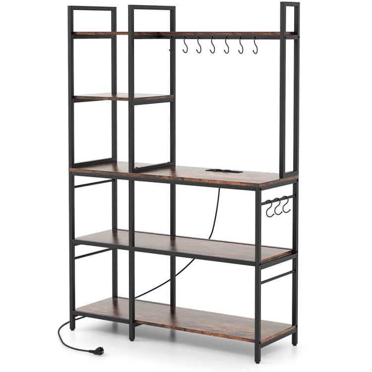 SlickBlue - 5-Tier Storage Baker’s Rack with Outlets and 10 S-Shaped Hooks - Rustic Brown