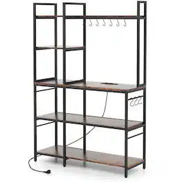 SlickBlue - 5-Tier Storage Baker’s Rack with Outlets and 10 S-Shaped Hooks - Rustic Brown
