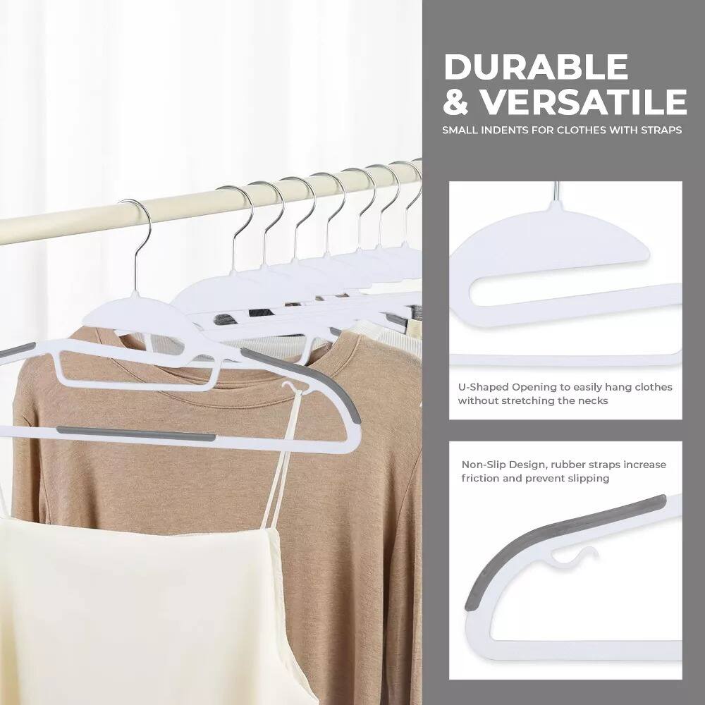 DURABLE & VERSATILE  
SMALL INDENTS FOR CLOTHES WITH STRAPS  

U-Shaped Opening to easily hang clothes without stretching the necks  

Non-Slip Design, rubber straps increase friction and prevent slipping