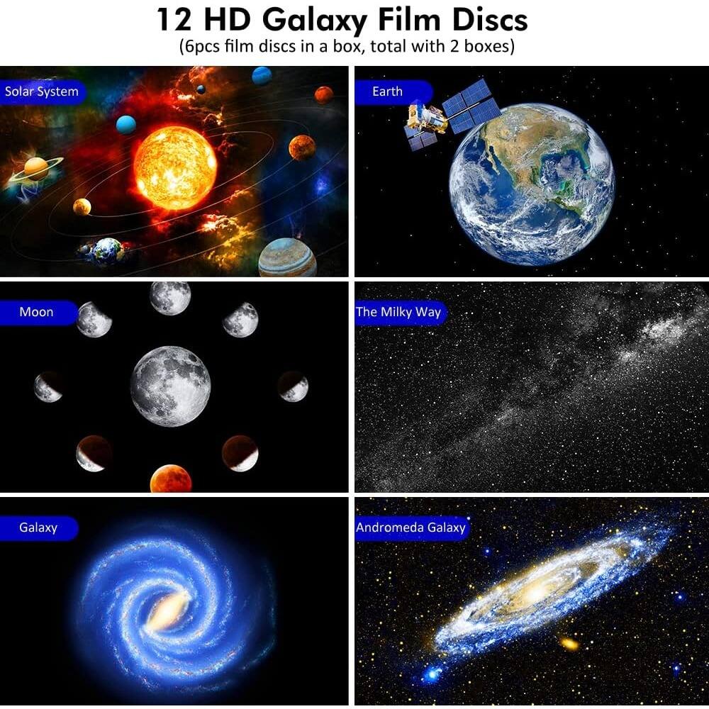 12 HD Galaxy Film Discs  
(6pcs film discs in a box, total with 2 boxes)

- Solar System
- Earth
- Moon
- The Milky Way
- Galaxy
- Andromeda Galaxy