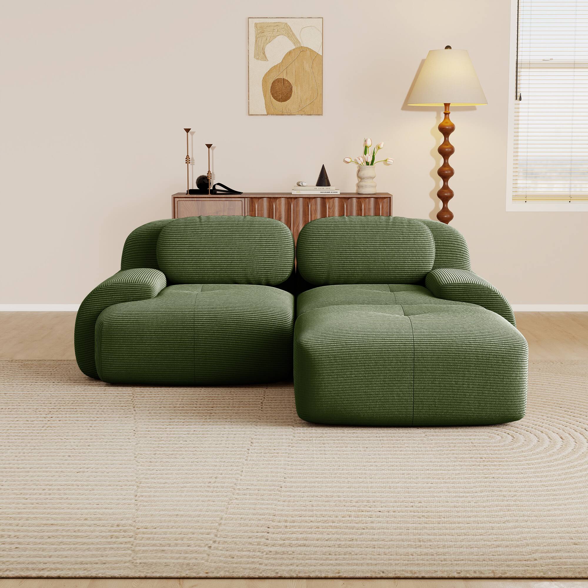 Angle. Aukfa - 2 Seats + Ottoman Modular Corduroy Sectional Sofa - Ergonomic Support, Pet Friendly, Easy Assembly, Non-Slip Base - Green.
