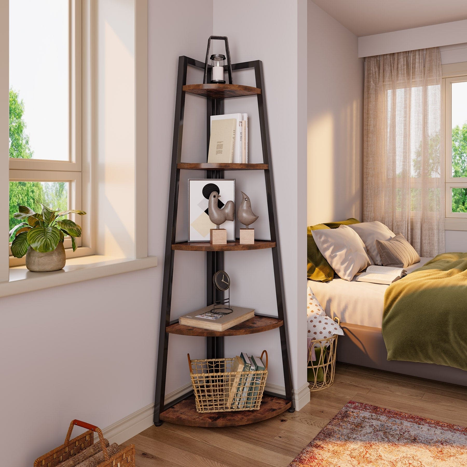 Tribesigns - Corner Bookshelf with Storage Shelves and Space-Saving Design for Living Room, Home Office and Bedroom - Brown