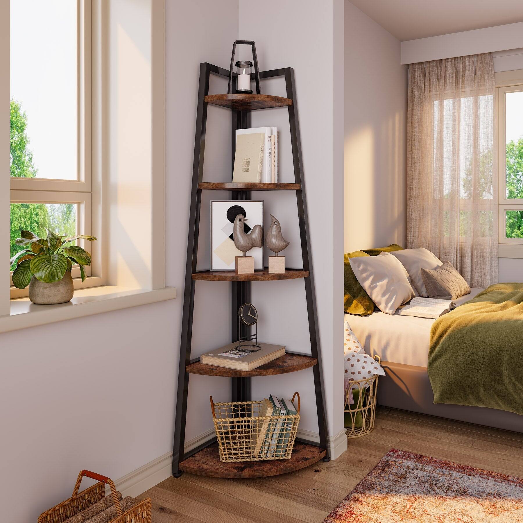 Front. Tribesigns - Corner Bookshelf with Storage Shelves and Space-Saving Design for Living Room, Home Office and Bedroom - Brown.