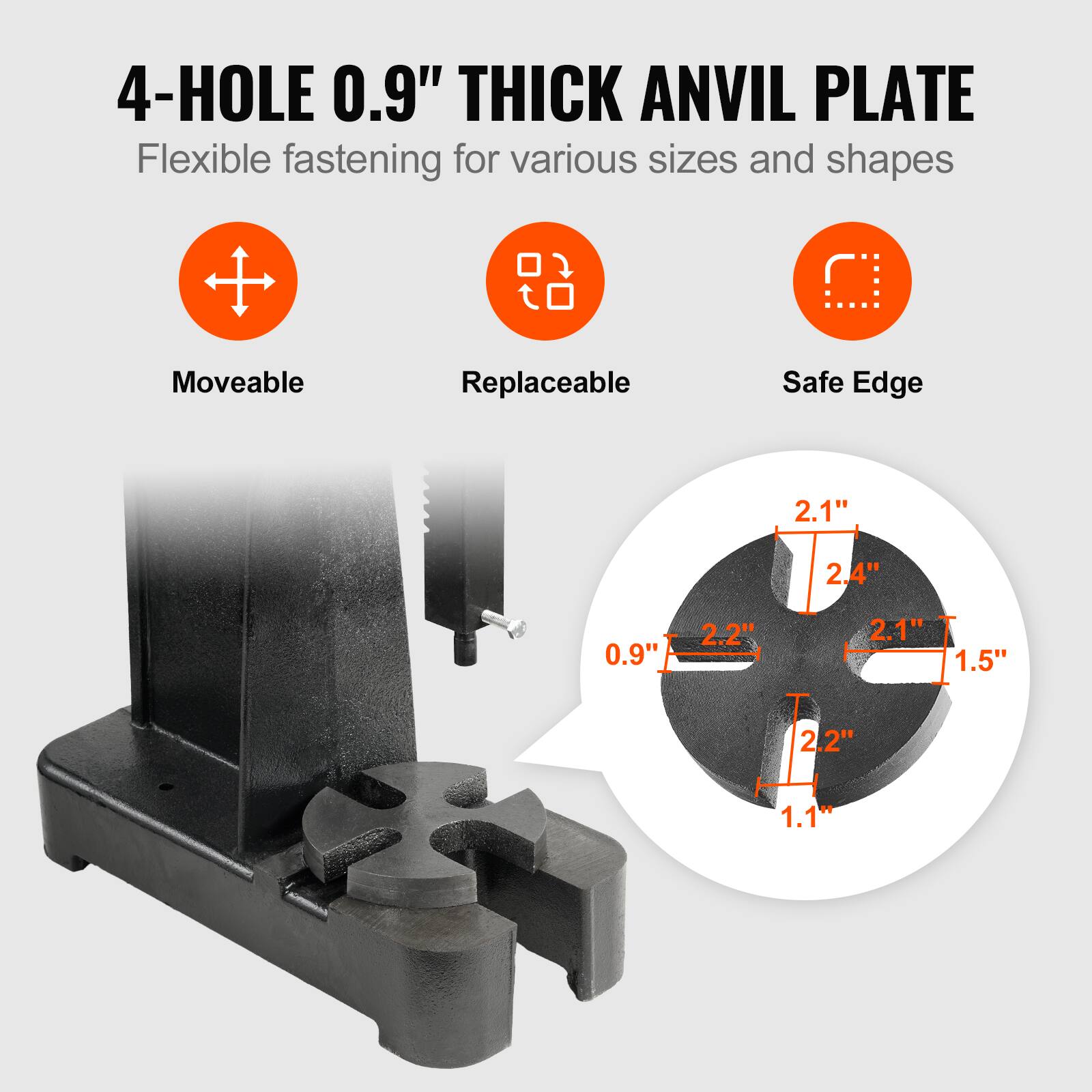 4-HOLE 0.9" THICK ANVIL PLATE  
Flexible fastening for various sizes and shapes  

- Moveable  
- Replaceable  
- Safe Edge  

Dimensions:  
- 2.1"  
- 2.4"  
- 2.2"  
- 0.9"  
- 1.5"  
- 2.2"  
- 1.1"