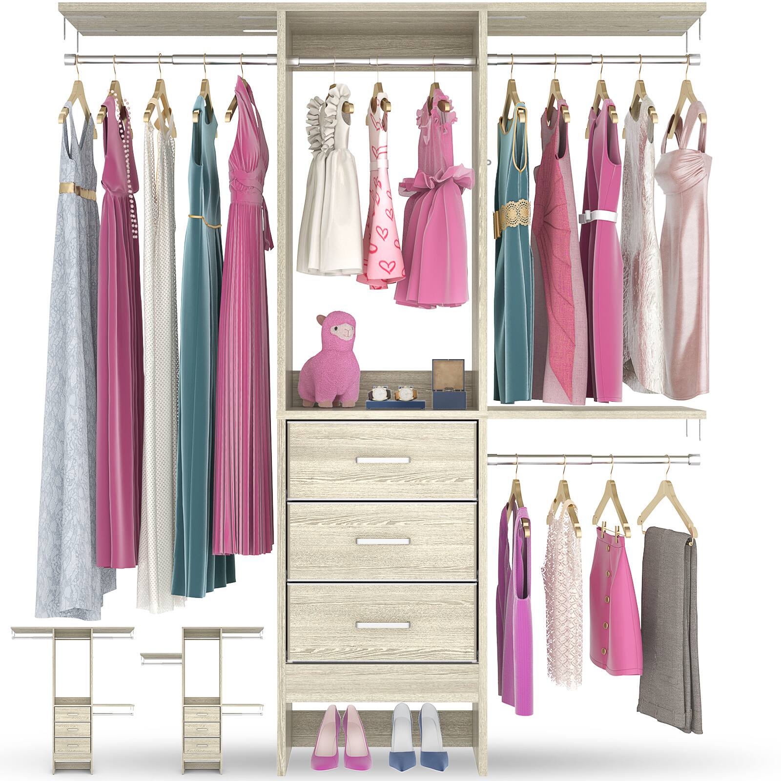 Alt View 2. Aheaplus - 4FT Small Closet System with 3 Fabric Drawers, 48'' Wall Mounted Closet Organizer with 3 Shelf Towers for Small Space - Beige Oak.