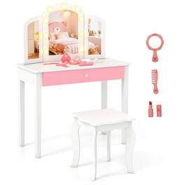 Gymax - Kids Vanity Table Set 2-in-1 Princess Makeup Dressing Desk w/Mirror Stool Drawer - White