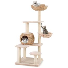 Costway - 59" Cattail Cat Tower with Sisal Scratching Posts Perch Condo Soft Hammock Indoor - Beige,Natural