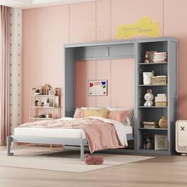 Tiramisubest - Full Size Gray Murphy Wall Bed with Shelves, Solid Wood+MDF, Space-Saving - Gray