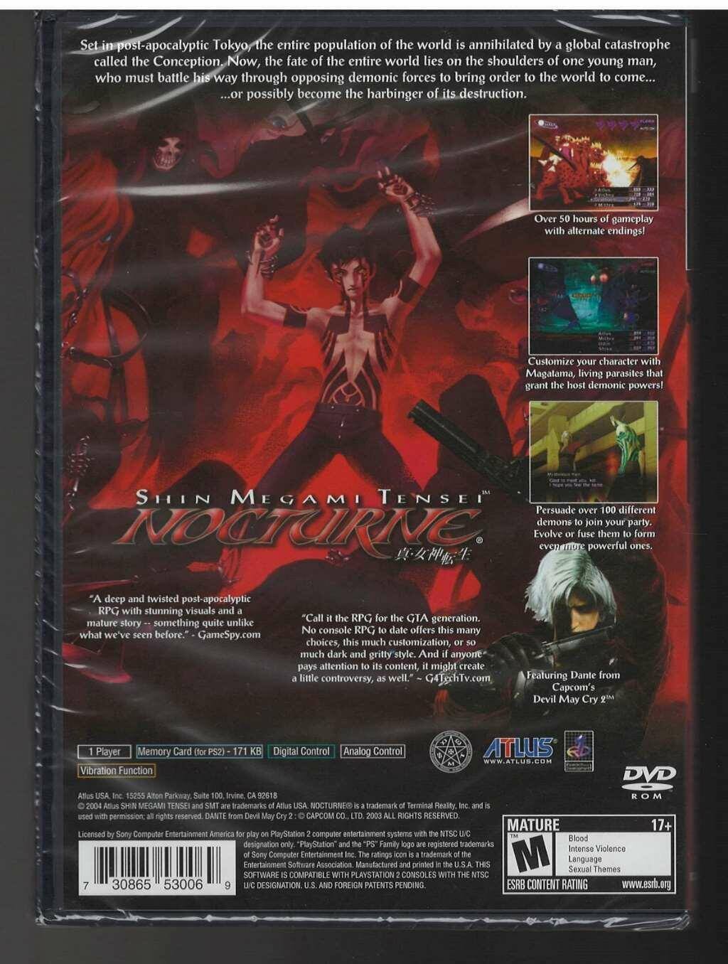 Set in post-apocalyptic Tokyo, the entire population of the world is annihilated by a global catastrophe called the Conception. Now, the fate of the entire world lies on the shoulders of one young man, who must battle his way through opposing demonic forces to bring order to the world to come... or possibly become the harbinger of its destruction.

Over 50 hours of gameplay with alternate endings!

Customize your character with Magatama, living parasites that grant the host demonic powers!

Persuade over 100 different demons to join your party. Evolve or fuse them into even more powerful ones.

"A deep and twisted post-apocalyptic RPG with stunning visuals and a mature story – something quite unlike what we've seen before." – GameSpy.com

"Call it the RPG for the GTA generation. No console RPG to date offers this many choices, this much customization, or so much dark and gritty style. And if anyone pays attention to its content, it might create a little controversy, well." – G4TechTV.com

Featuring Dante from Capcom's Devil May Cry 2™

1 Player Memory Card (for PS2) – 171 KB Digital Control Analog Control Vibration Function

MATURE 17+ Blood Int