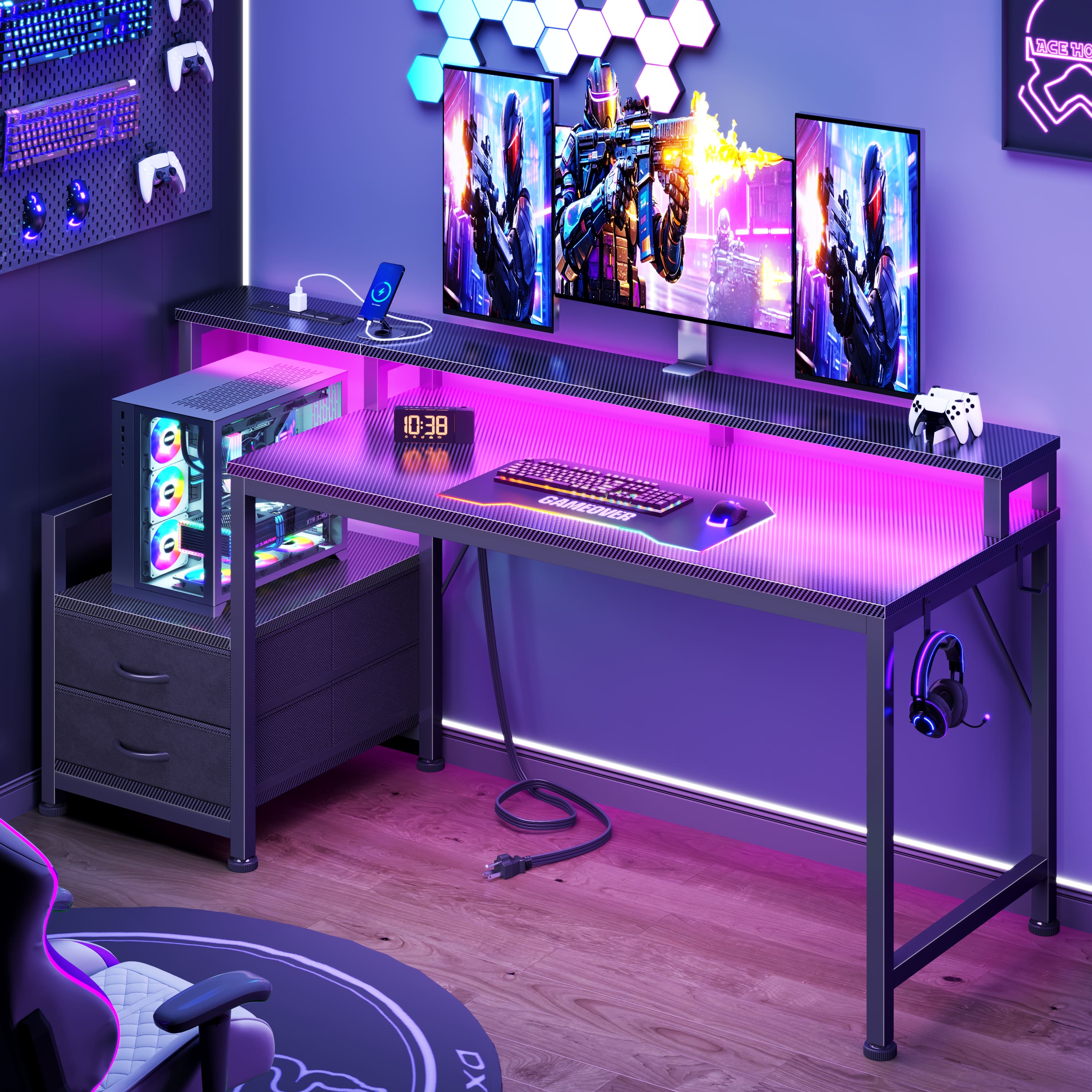 Furnulem - Computer Desk With Drawers Power Outlet Gaming Desk With Storage Shelves for Home Office Desk - Black