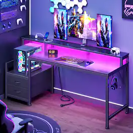 Furnulem - Computer Desk With Drawers Power Outlet Gaming Desk With Storage Shelves for Home Office Desk - Black