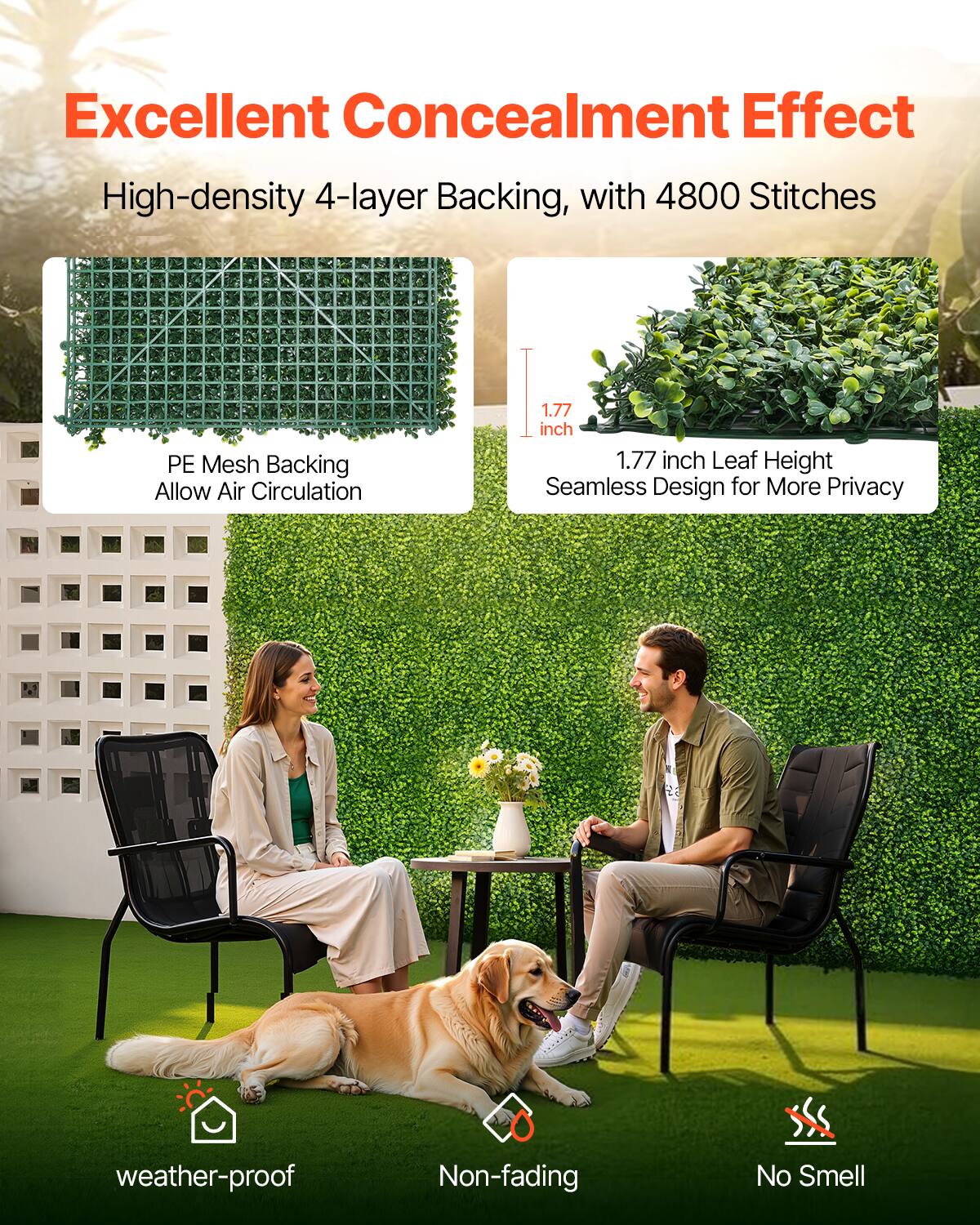 Excellent Concealment Effect, High-density 4-layer Backing, with 4800 Stitches, PE Mesh Backing Allow Air Circulation, 1.77 inch Leaf Height, Seamless Design for More Privacy, weather-proof, Non-fading, No Smell