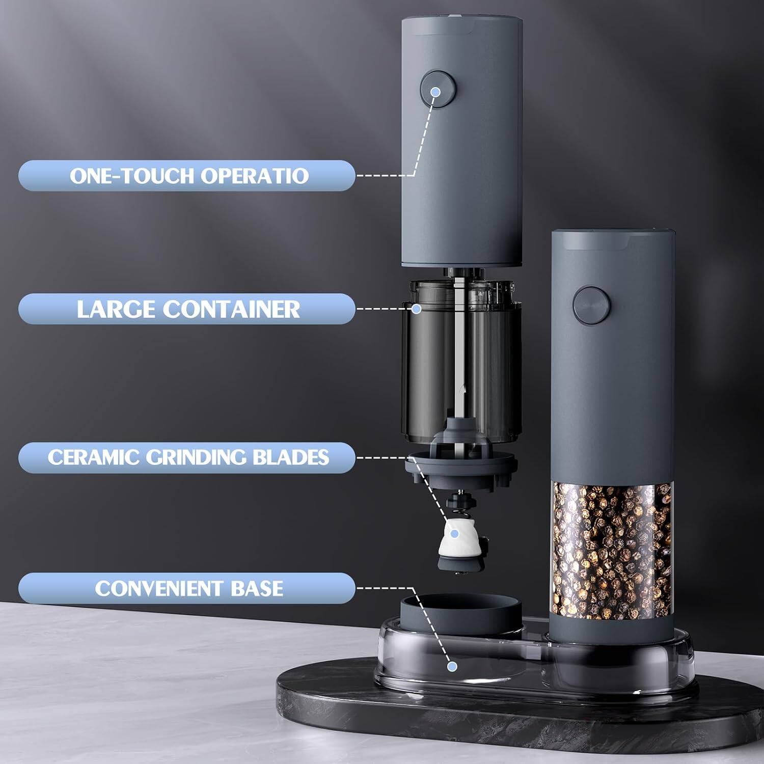 ONE-TOUCH OPERATION  
LARGE CONTAINER  
CERAMIC GRINDING BLADES  
CONVENIENT BASE