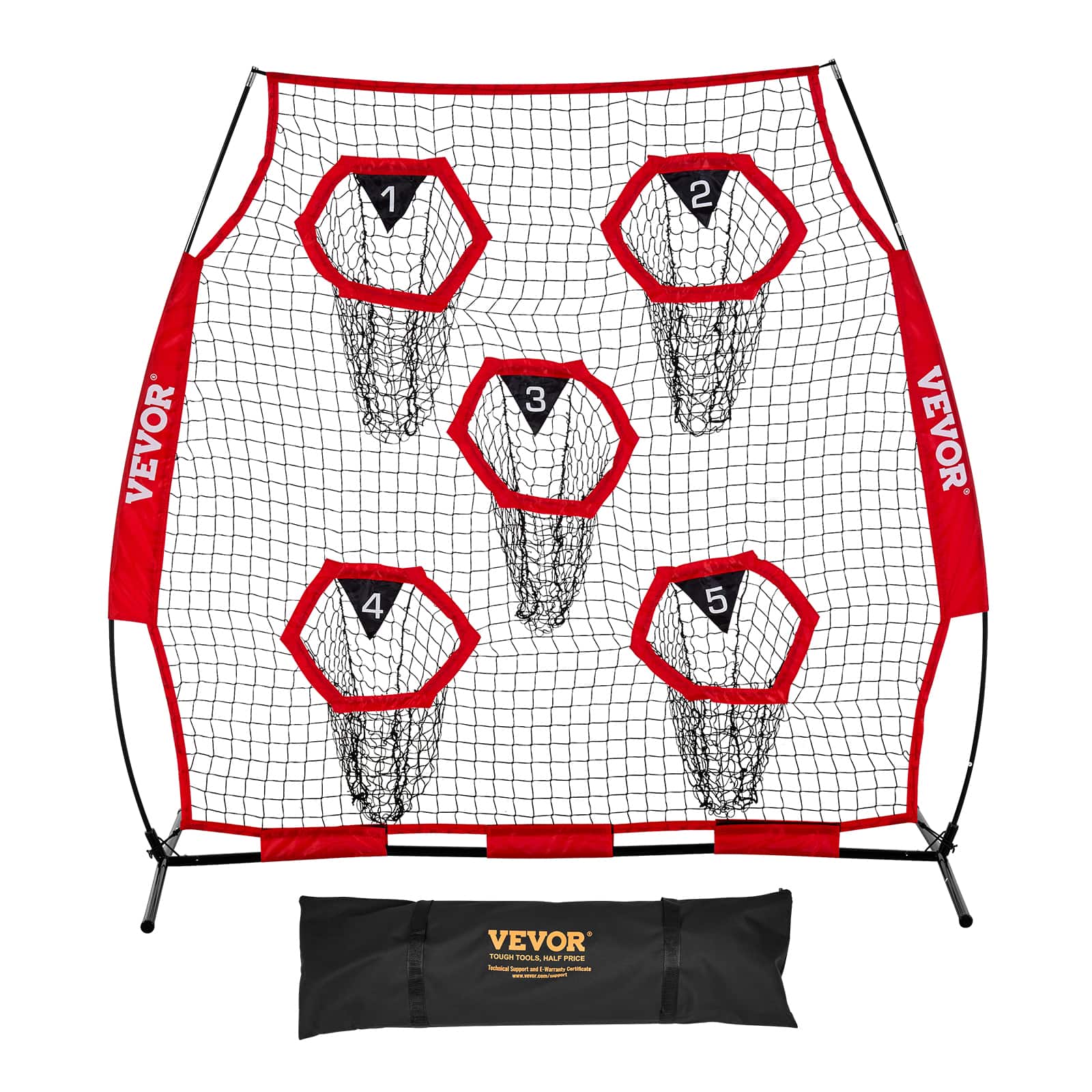 VEVOR - 6 x 6 ft Football Trainer Throwing Net, Training Throwing Target Practice Net with 5 Target Pockets, Knotless Net - Red