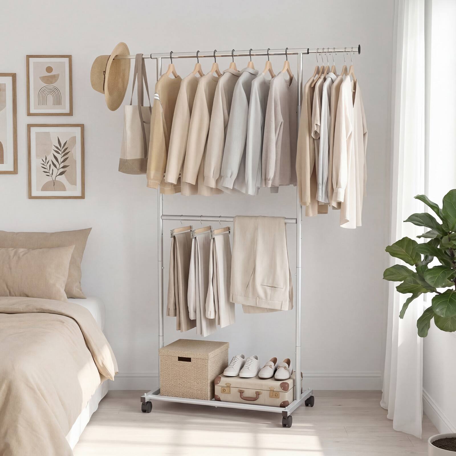 Alt View 4. Costway - Costway Rolling Clothes Rack, Double-Rod Extendable Garment Stand for Hanging Clothes - Silver.