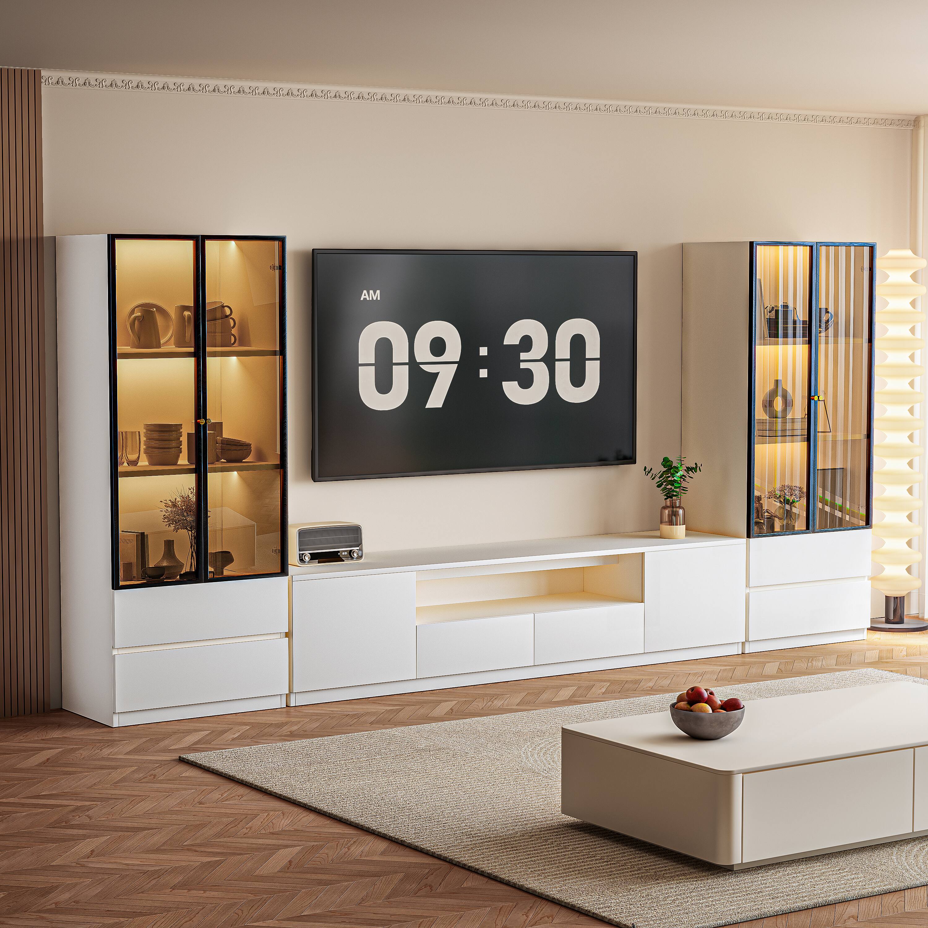 Alt View 1. MSOOB - 126 Inch White Modern Media Console Includes TV Stands And 2 Lighted Glass Display Cabinet - White.