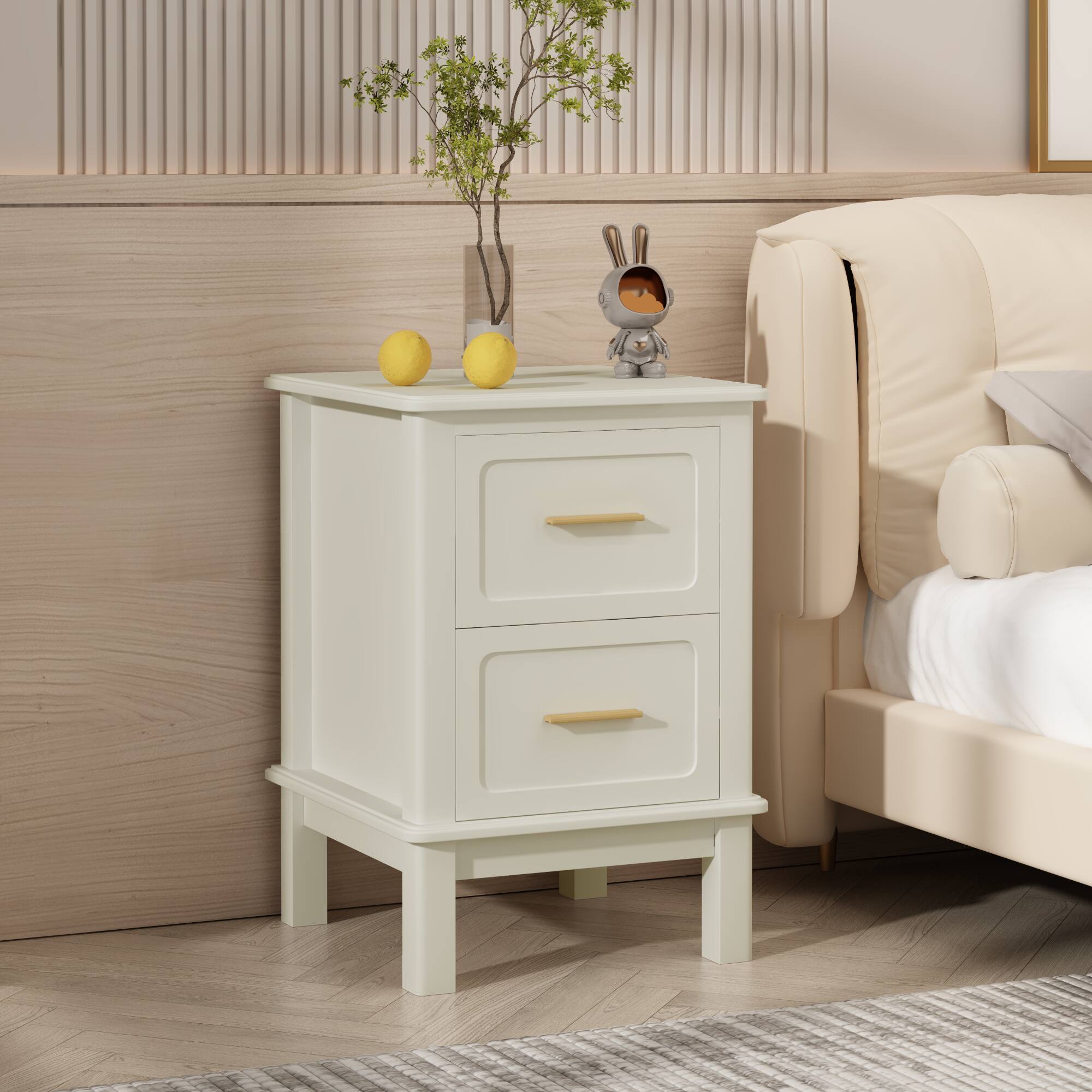 Front. Z-Edge - Modern Nightstand with 2 Drawers, Bedside Table with Gold Handles, Wood Accent Table for Bedroom, Living Room - Cream White.