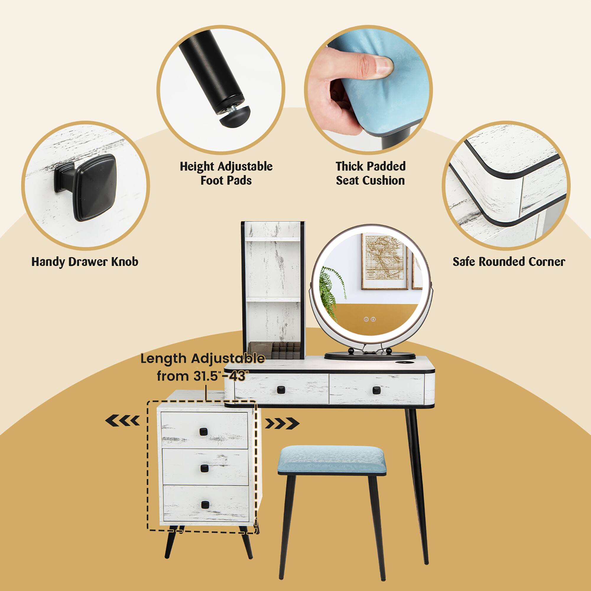 - Height Adjustable Foot Pads
- Thick Padded Seat Cushion
- Handy Drawer Knob
- Safe Rounded Corner
- Length Adjustable from 31.5" - 43"