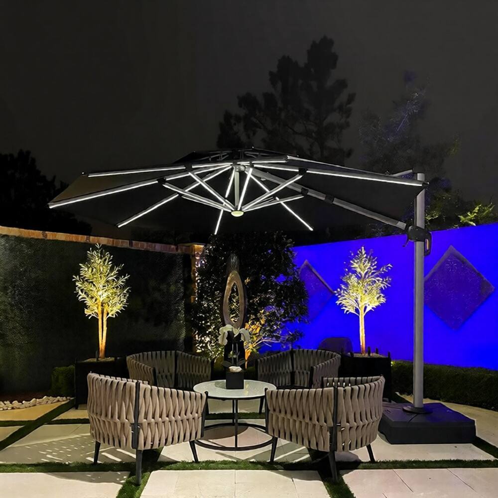 Angle. PURPLE LEAF - 11 ft. Patio Octagon Aluminum Solar Powered LED Cantilever Outdoor Offset Umbrella with Base for Garden Deck Pool - Black.