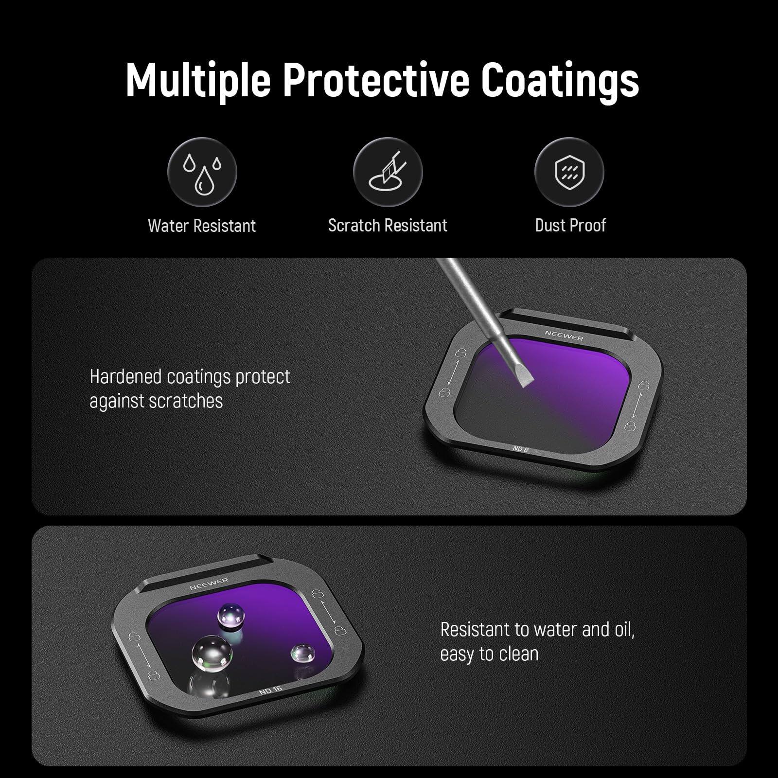 Multiple Protective Coatings

- Water Resistant
- Scratch Resistant
- Dust Proof

Hardened coatings protect against scratches

Resistant to water and oil, easy to clean