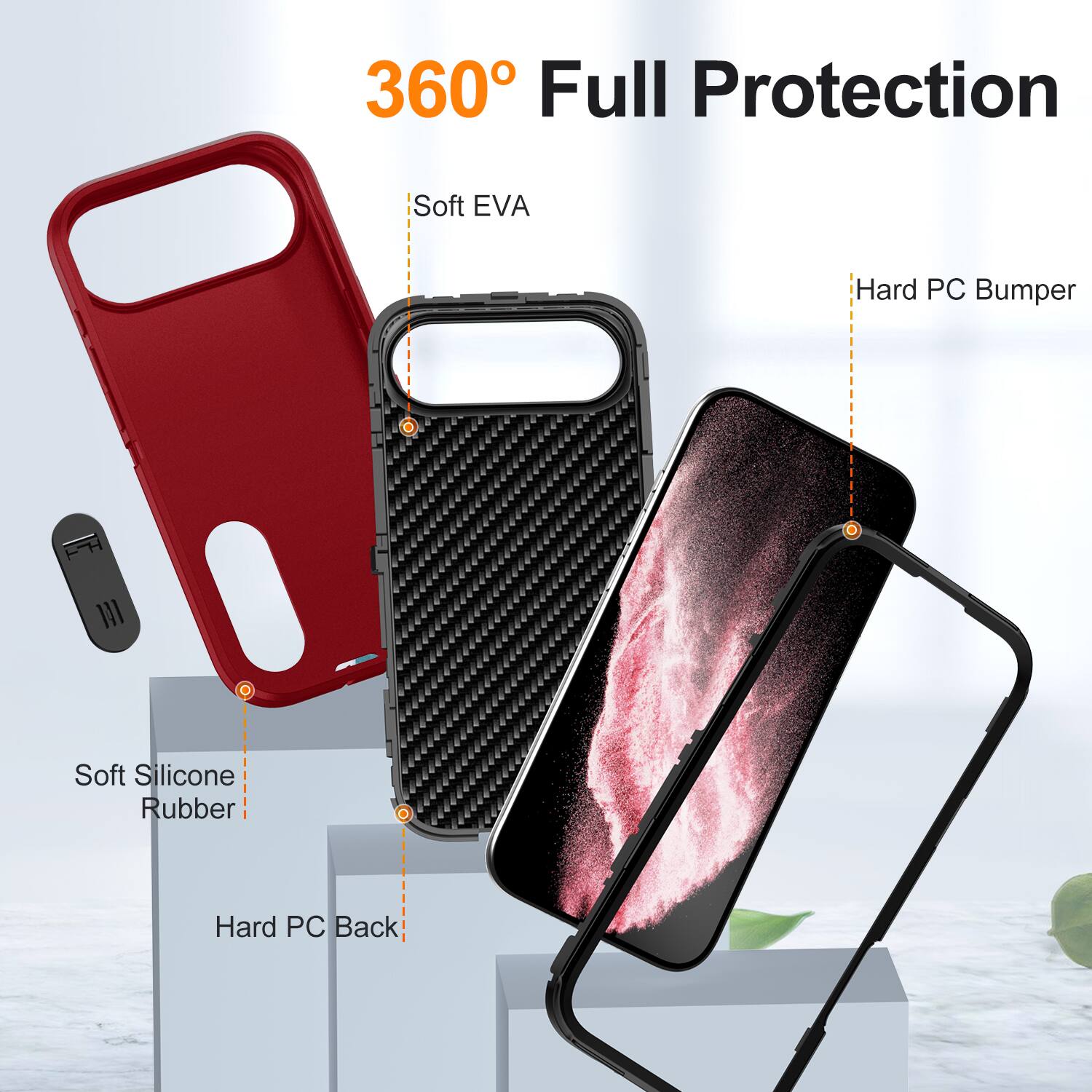 360° Full Protection

- Soft EVA
- Hard PC Bumper
- Soft Silicone Rubber
- Hard PC Back
