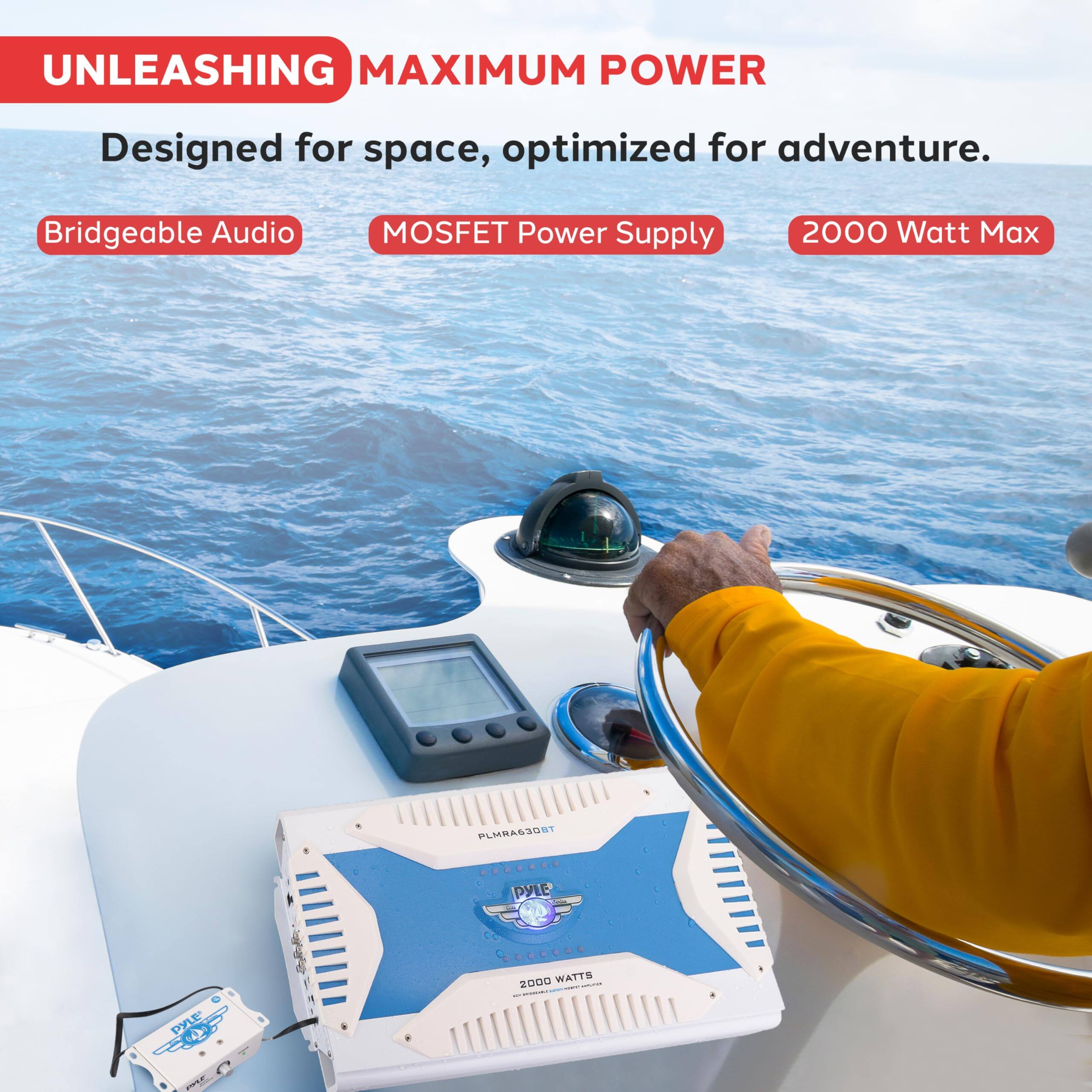 UNLEASHING MAXIMUM POWER  
Designed for space, optimized for adventure.  
Bridgeable Audio  
MOSFET Power Supply  
2000 Watt Max  

PLMRA630D  
2000 WATTS