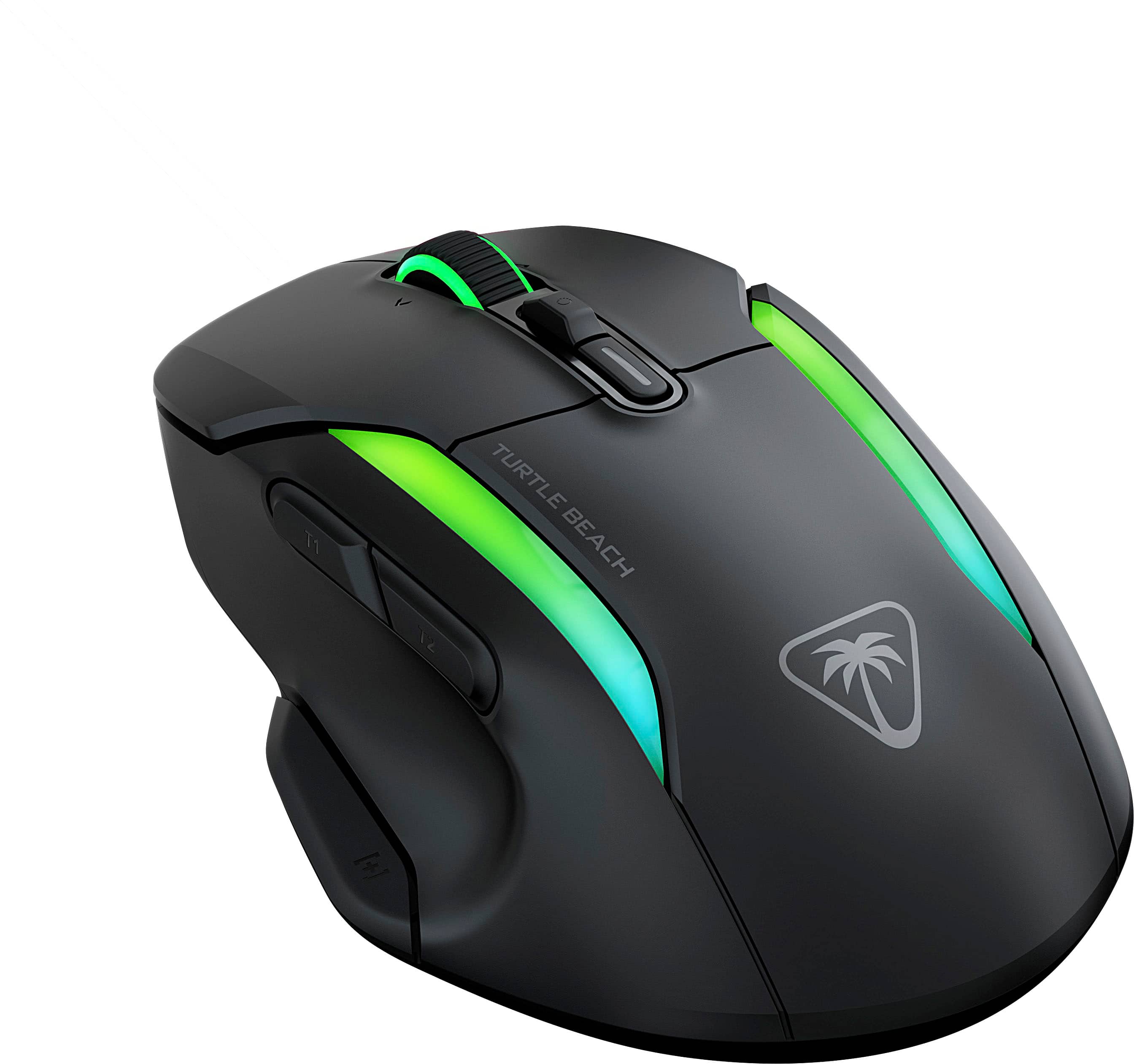 Turtle Beach is a company that specializes in gaming peripherals, such as gaming mice and headsets. The image shows a Turtle Beach gaming mouse, which features a sleek black design with green and blue LED lights. The mouse is designed for gaming enthusiasts and is likely to provide an enhanced gaming experience with its advanced features and ergonomic design.