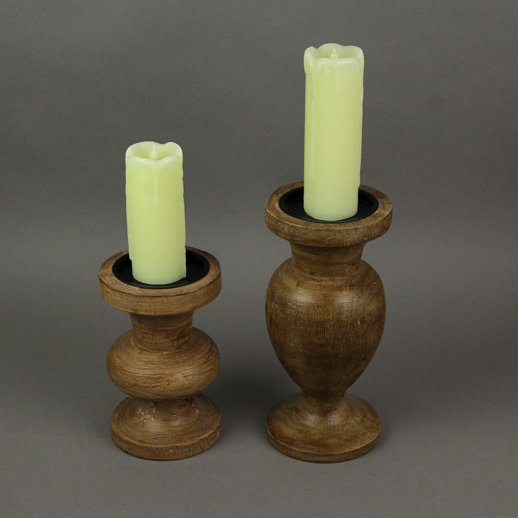 Alt View 4. Things2Die4 - Set of 2 Turned Wood and Metal Pedestal Pillar or Votive Candle Holders - Brown.