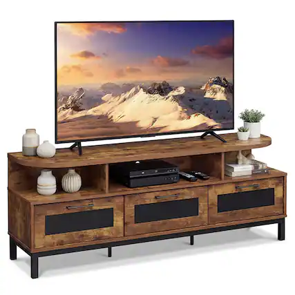 Front. Costway - Costway TV Stand for TVs up to 75" Entertainment Center with 3 Storage Drawers Open Shelves - Rustic Brown.