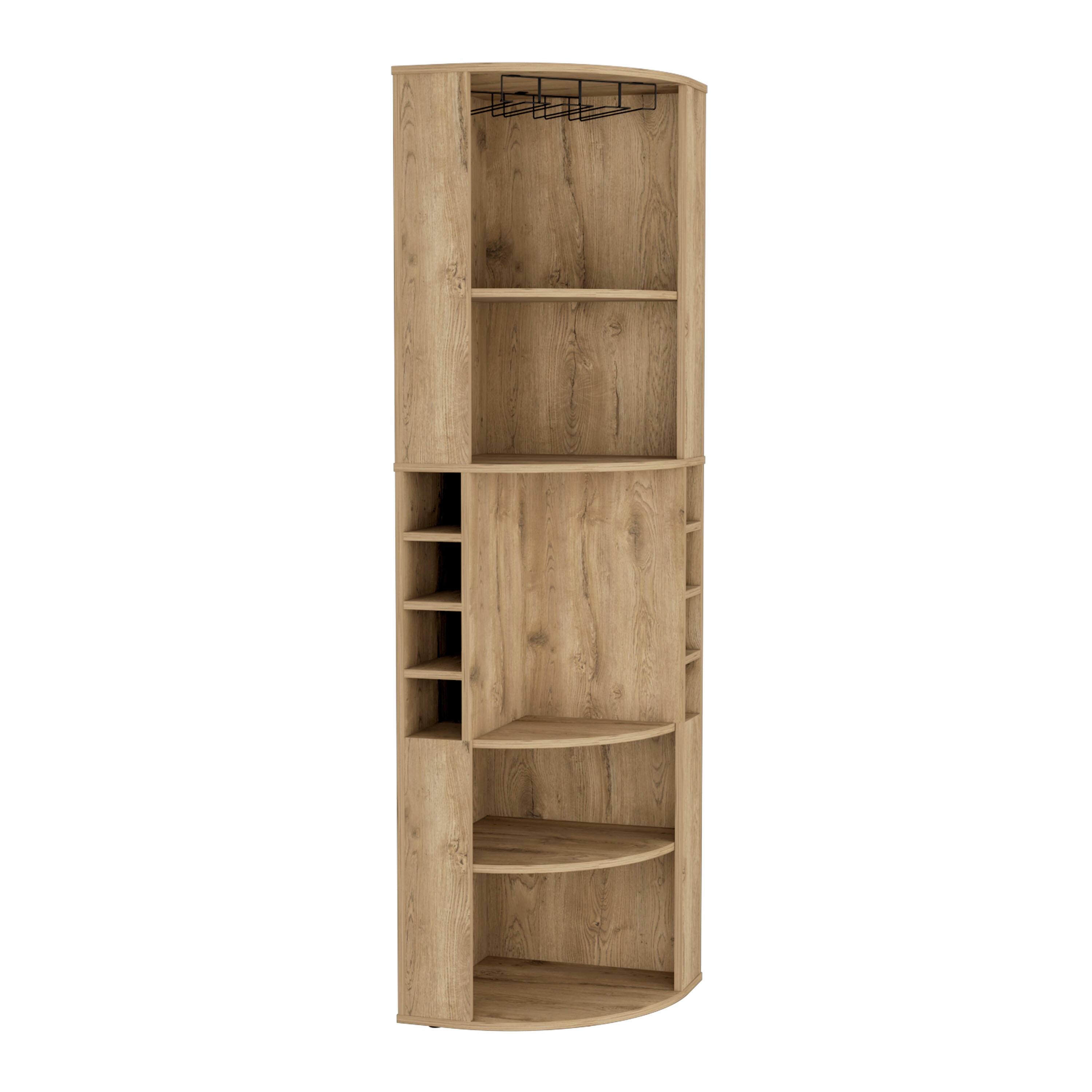Front. TuHome - Oban Corner Bar Cabinet with Five Shelves, Eight Bottle Cubbies andSteamware, Bar Room. - Macadamia.