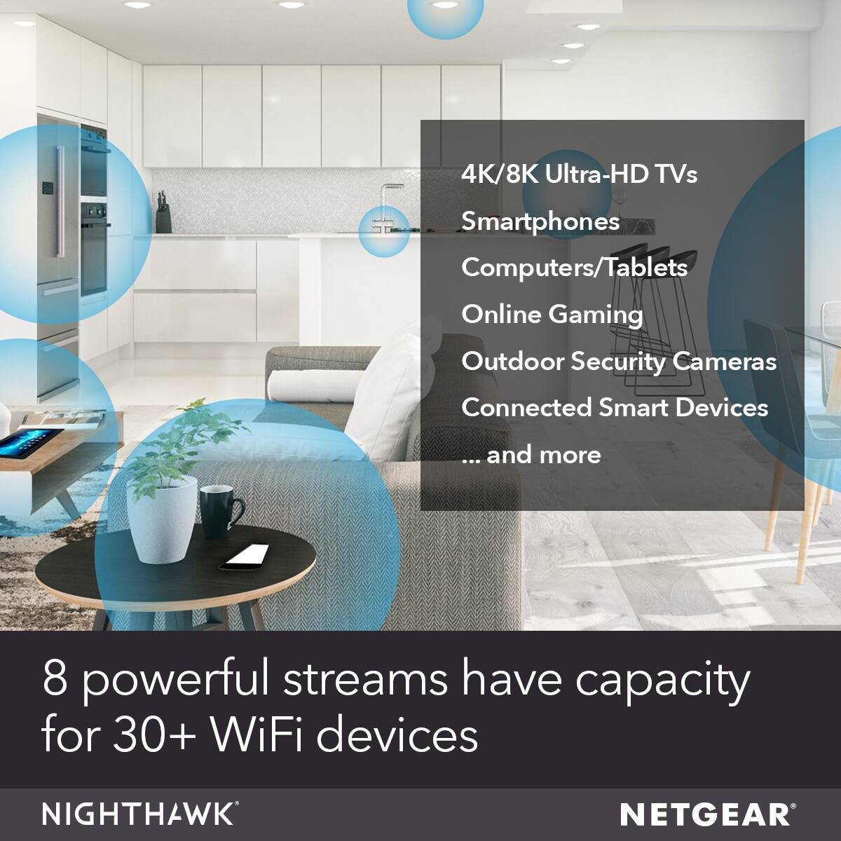 The text on the image is grouped and corrected as follows:
"8 powerful streams have capacity for 30+ WiFi devices NIGHTHAWK NETGEAR"