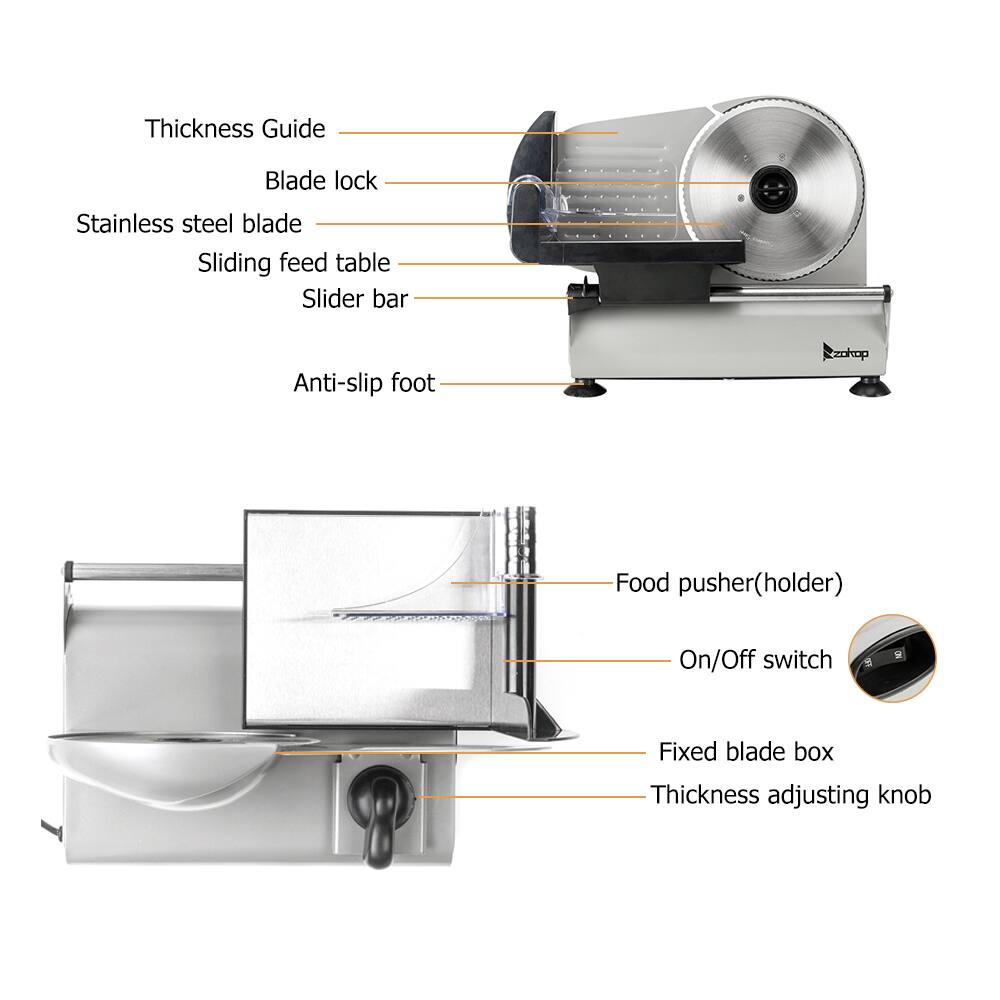 - Thickness Guide
- Blade lock
- Stainless steel blade
- Sliding feed table
- Slider bar
- Anti-slip foot
- Food pusher (holder)
- On/Off switch
- Fixed blade box
- Thickness adjusting knob