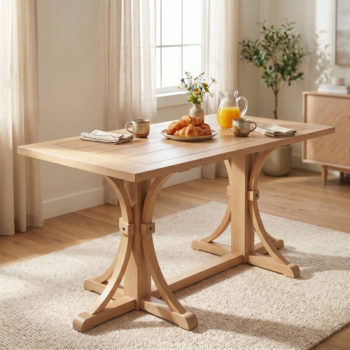 Angle. Loheer - Loheer 60 inch dining table Rustic Farmhouse Dining Table for 6 with Trestle Base and Oak Finish - Natural Wood Wash.